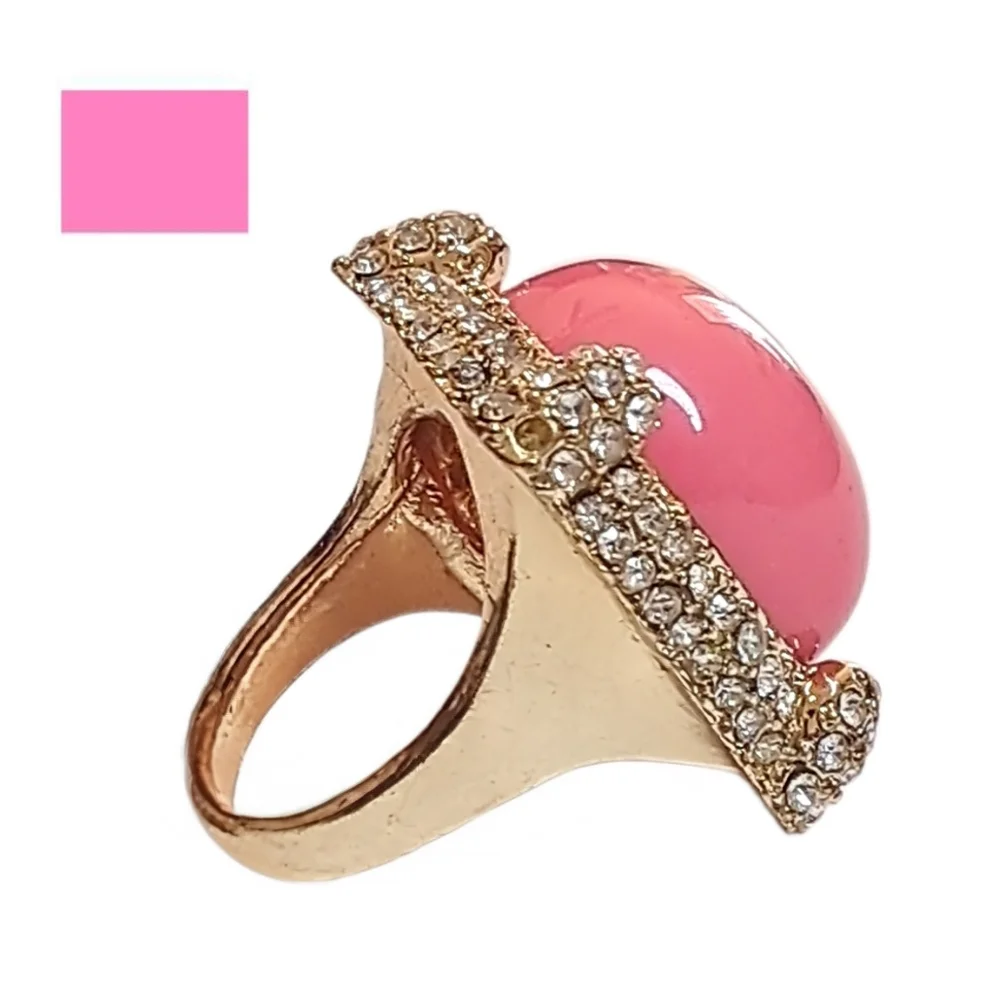 Vivid Hot Pink Faux Stone Gold Tone Ring with Rhinestones | Size 7